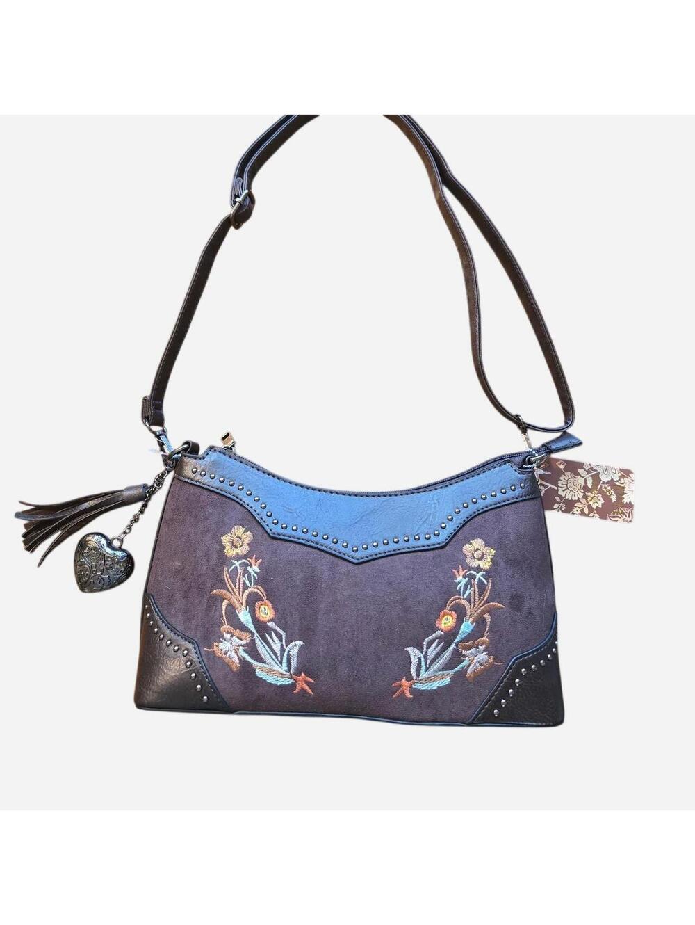 New Sam & Hadley Brown Floral Embroidered Purse with Heart Charm